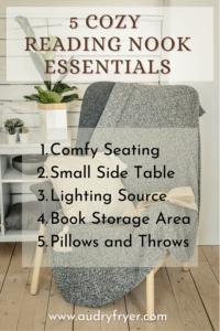 5 Cozy Reading Nook Essentials ideas in front of a comfy chair with a throw draped over it. 