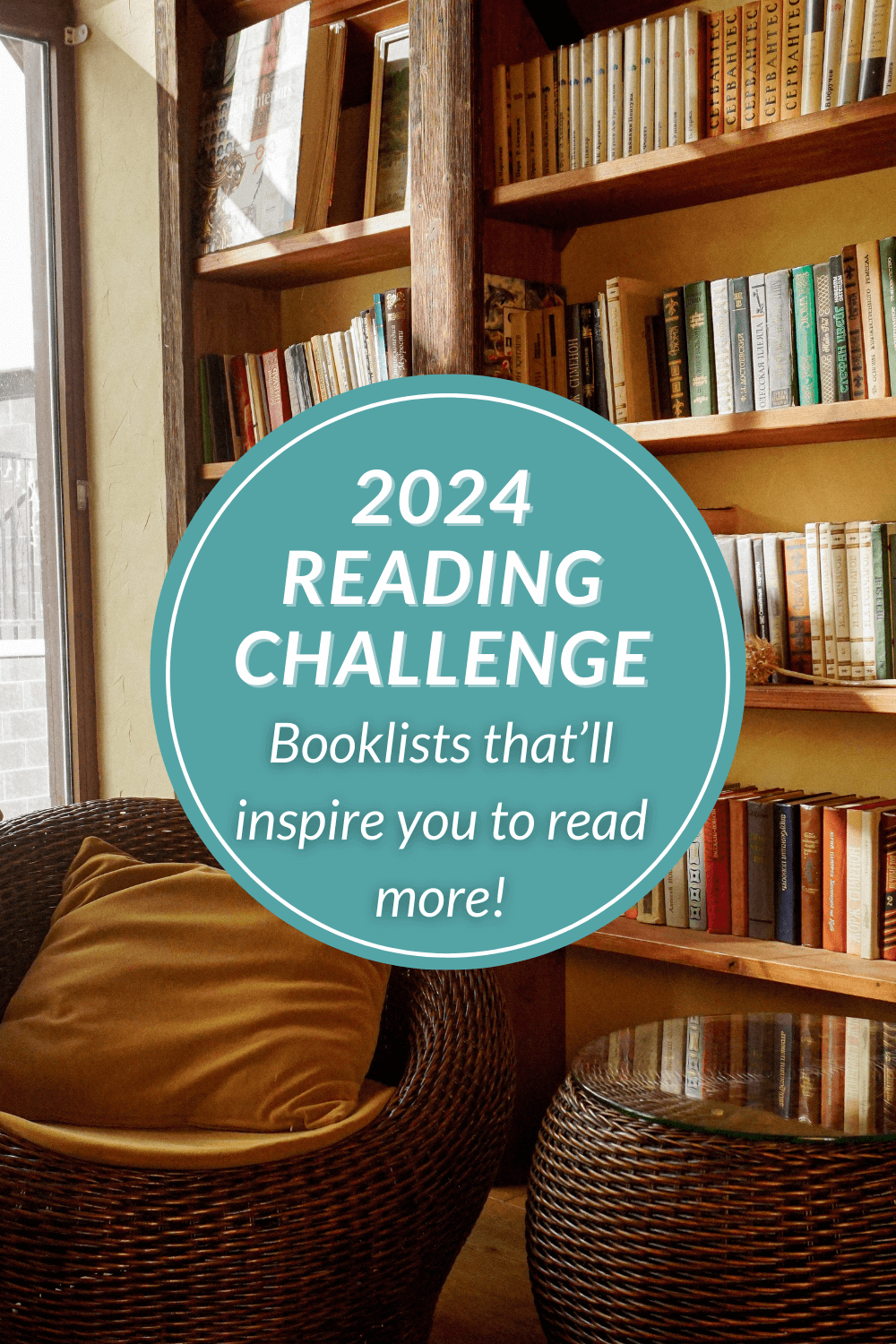 A cozy chair and a bookcase ready for the 2024 reading challenge.